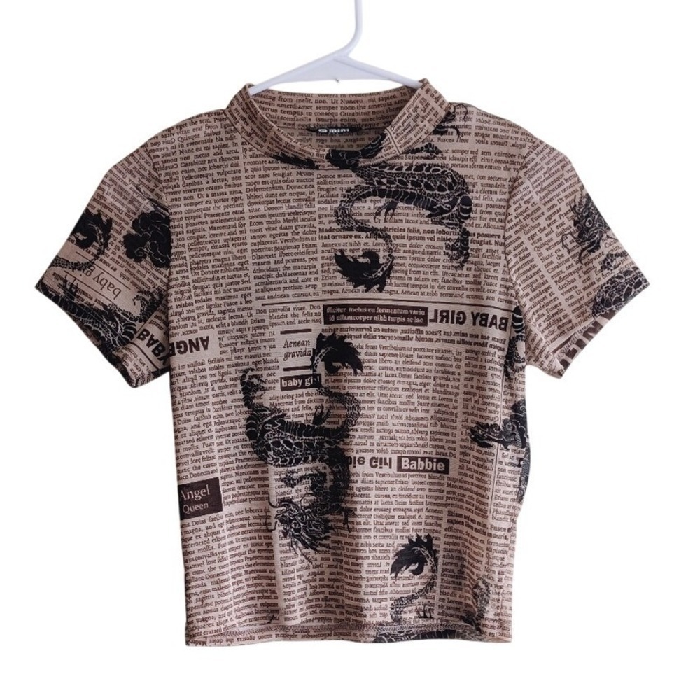 Y2K Alternative Grunge Soft Goth Dragon Newspaper Print Baby Sheer Tee Shirt